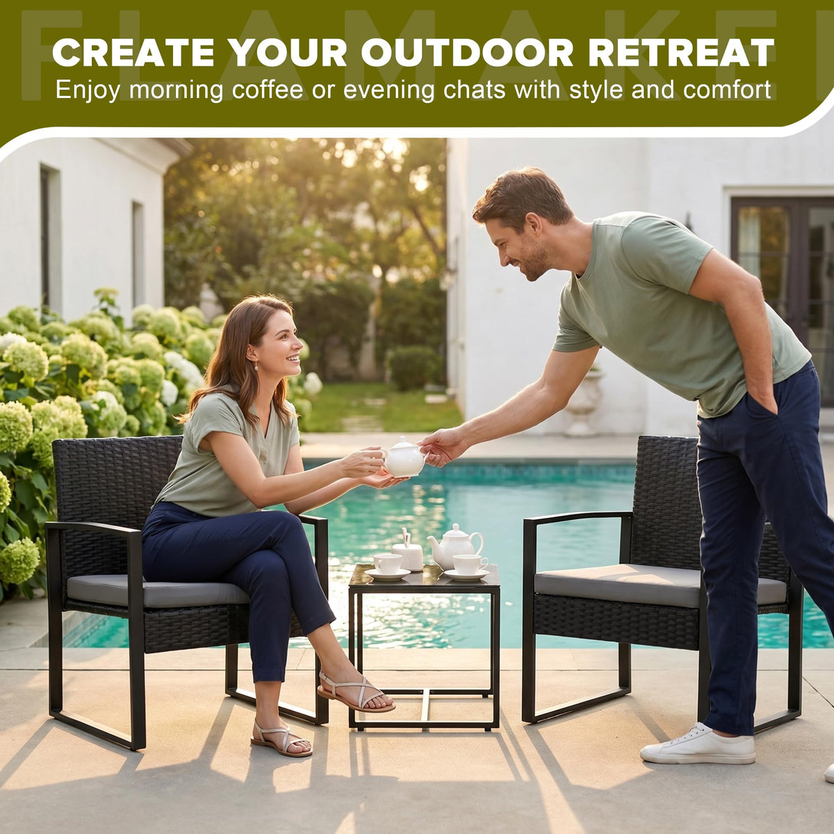 Flamaker 3 Pieces Patio Furniture Set Outdoor Wicker Bistro Chair (Grey)