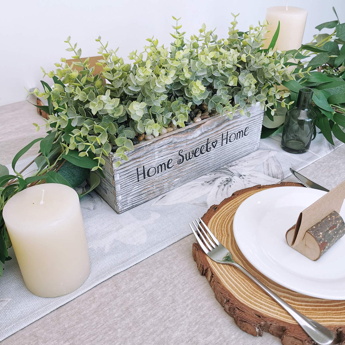 1 Pcs Wooden Potted Eucalyptus Plant Greenery Arrangement Artificial Eucalyptus Plant in Rectangular Wood Planter Box for Rustic Farmhouse Indoor Centerpiece Tabletop Window Sills Kitchen Shelf Decor