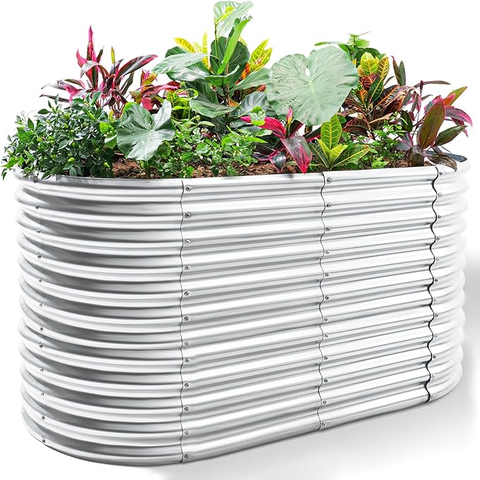 Land Guard 8x4x3ft Oval Galvanized Raised Garden Beds, Large-Capacity Metal Planter Box Outdoor, Durable Deep Raised Garden Bed 3ft Tall, Raised Beds for Gardening Vegetables, Classic Silver