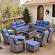 Belord Luxury 6" Thick Cushioned 11 Pieces Patio Furniture Set with Outdoor Couch, Wicker Outdoor Conversation Set with High Back Swivel Rocker Chairs for Deck Porch Yard and Poolside - Brown+Blue