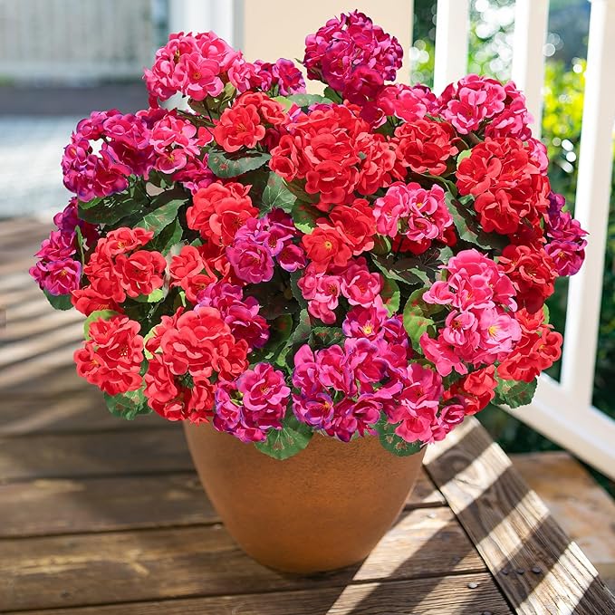 Artificial Geranium Fake Flowers for Outdoors Decoration, 6 Bundles Silk Geraniums Flower UV Resistant Look Real Faux Plants for Front Door Garden Porch Planter Patio Balcony Yard Indoor Home, Mix