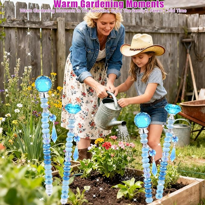 121 Pcs DIY Fairy Wand Beaded Garden Stakes Kit, Fairy Wands Garden Kit Blue Large Hole Bead with Sparkling Pendants Crystal Stopper Top Threaded Rod Beaded Garden Stakes Supplies Outdoor Decorative