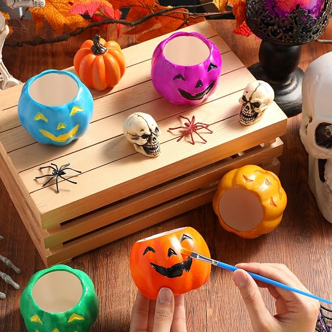 Pasimy 6 Set Ceramics to Paint DIY Ceramic Succulent Planter Pots Paint Your Own Flower Pots Craft Kit Unpainted Bisque Flowerpot with Brush Palette for Family Activity Holiday Gifts(Evil Pumpkin)