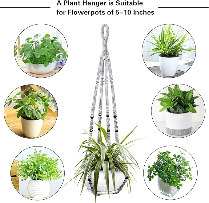 Augshy 2 Packs Macrame Hanging Planter, Indoor Hanging Planter Basket with Wood Beads Decorative Macrame Pot Hanger for Home Decor (Grey)