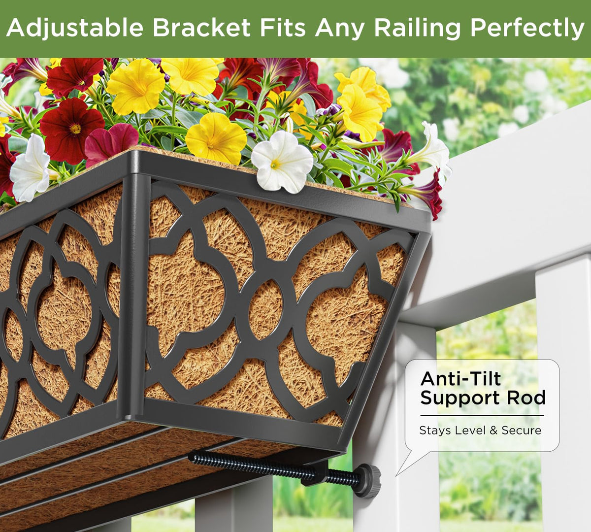 Y&M 4Pcs 30'' Railing Planter Box Set with Coconut Coir Liner, Flower Boxes with Adjustable Brackets, Large Metal Hanging Window Boxes for Fence, Deck, Balcony, and Outdoor Garden