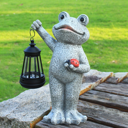 Yewanye Solar Frog Garden Statue, Resin Figurine with Ladybug & Hanging Solar Lantern Outdoor Decor