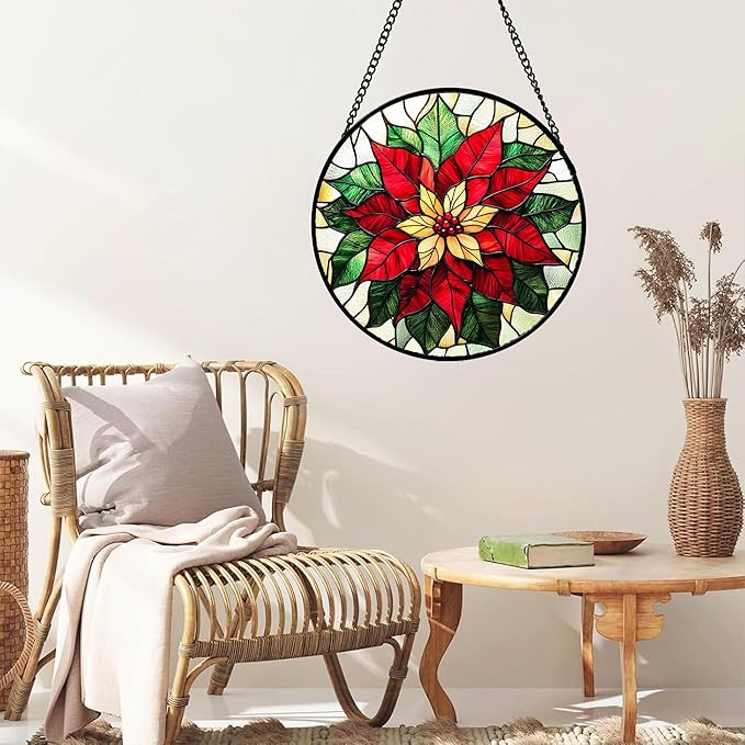 AMDERVEN Stained Glass Window Hanging - Red Poinsettia Birth Flower Sun Catcher for Door Garden Home Decor Suncatcher Christmas Mother's Day Birthday Gifts for Women Men Mom Girl Nana Friend 9.8 in