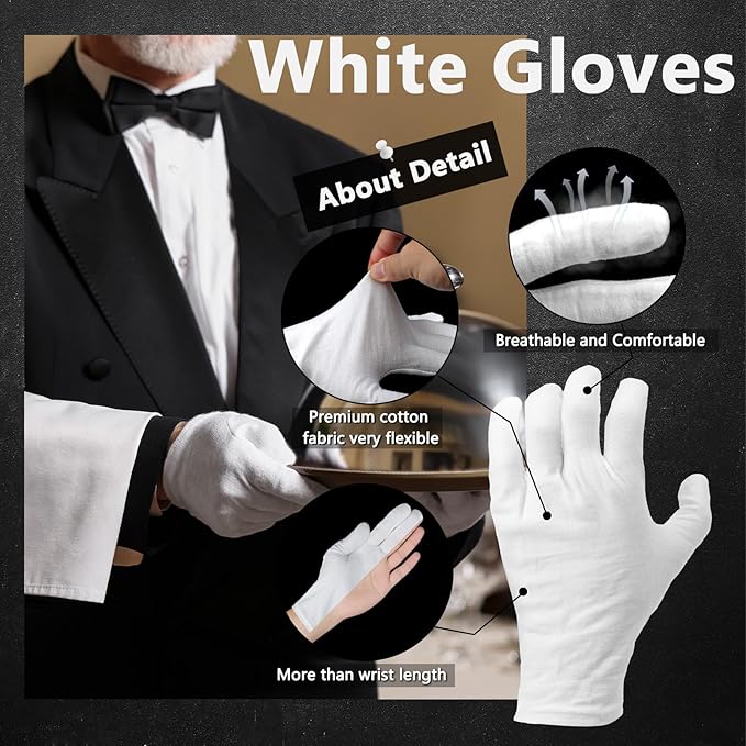 12 Pairs White Cotton Gloves Soft Hand Gloves Dust-Free Work for Men Women Art Crafting, Jewelry Handling, BBQ, Eczema Care, Coin Jewelry Watch Inspection, Dry Hands Sleeping, Archiva, Medium