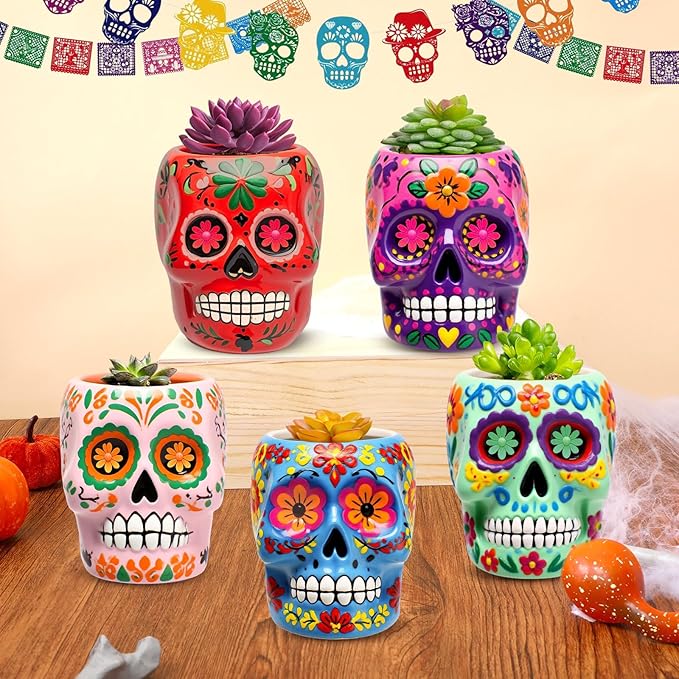 Pasimy 6 Set Ceramics to Paint DIY Ceramic Succulent Planter Pots Paint Your Own Flower Pots Craft Kit Unpainted Bisque Flowerpot with Brush Palette for Family Activity Holiday Gifts(Skull)