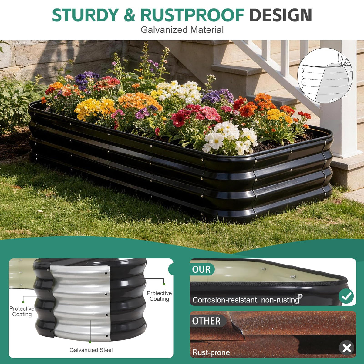 BIRDSINYARD 4 in 1 Galvanized Raised Garden Bed, 5x3x1ft, Grey