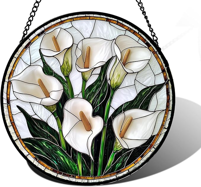 DASTOLL Stained Glass Window Hanging, White Calla Lily Flowers Sun Catchers Glass Panel Plant Suncatcher Decor for Birthday for Women, Men, Wife, Aunt, and Mom 11.8x11.8 in