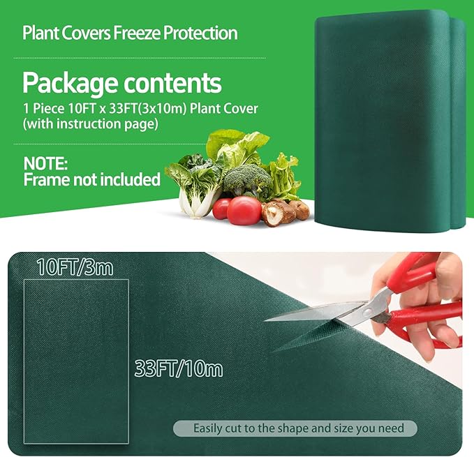 GUKULIVEL Plant Covers Freeze Protection, 10x33ft Green Frost Blanket for Winter, 1.23 oz/yd² Fabric, Premium Frost Protection Cover, Breathable Garden Row Covers for Outdoor Plants