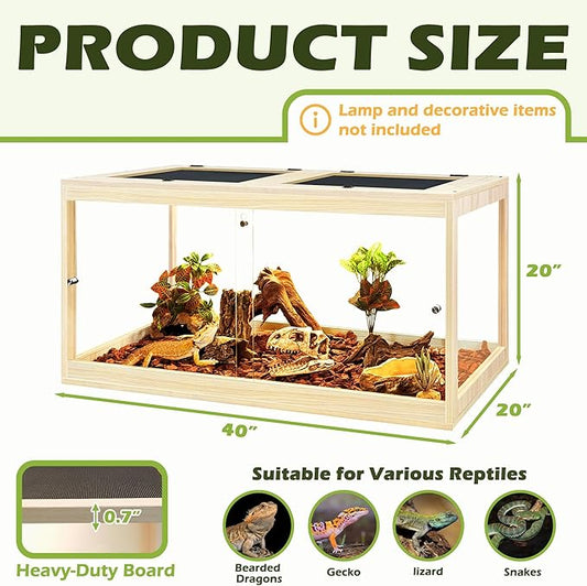 Prolee Tempered Glass Bearded Dragon Tank 63 Gallon, Lizard Tank, Reptile Tank with Metal Mesh Roof Door, Snake Tank with Lock Design, 40" Long, Oak