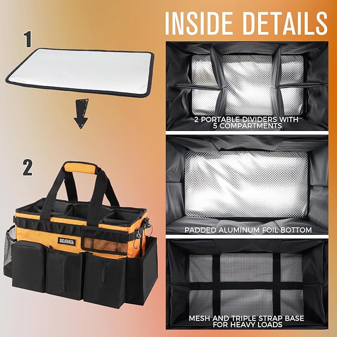 Wearable Cleaning Caddy Bag, Cleaning Caddy Supplies Organizer with Handle & Shoulder Straps for Housekeepers, Under Sink & Car Cleaning Tool Organizers with 4 Foldable Divider (Orange)