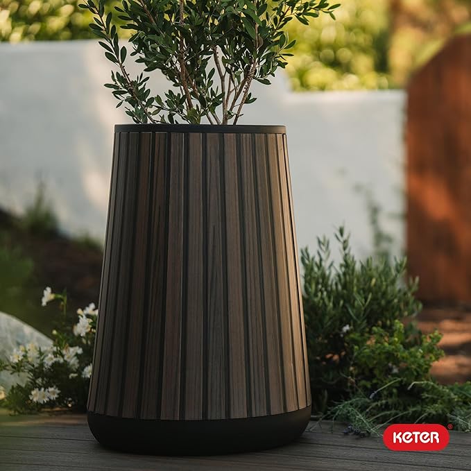 Keter Signature Conic 28.5 Inch Tall Round Large Wood Look Planter for Indoor or Outdoor Flower Pot Ideal for Patio Deck and Front Porch Decor, Rosewood