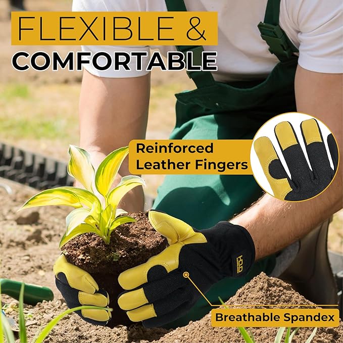 HANDLANDY Men Leather Gardening Gloves, Utility Work Gloves for Mechanics, Construction, Driver