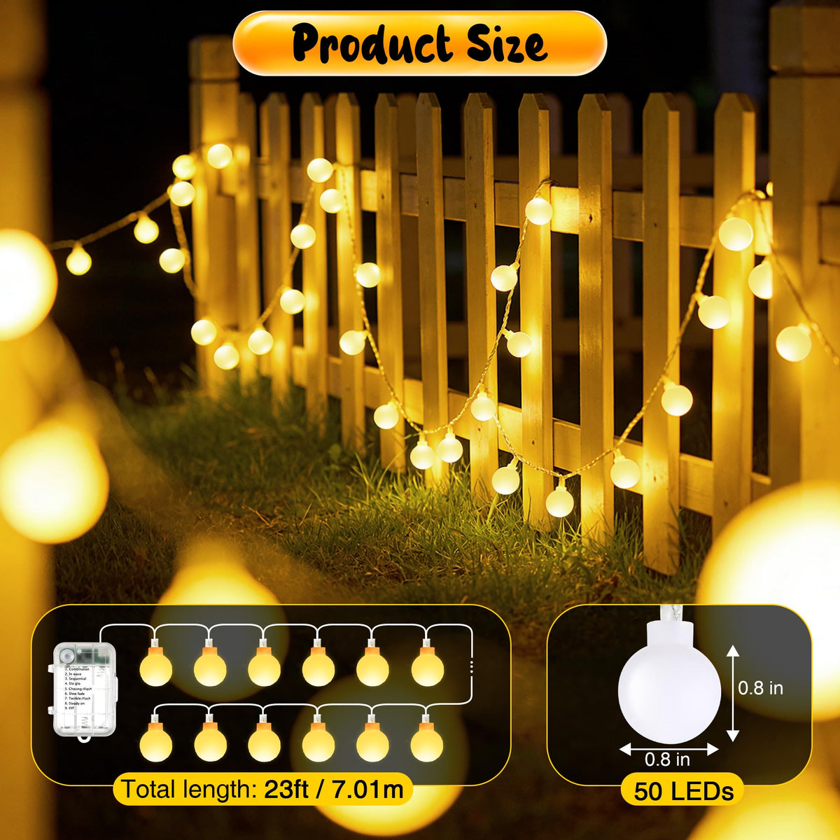 Enhon 50 LED Battery Operated Globe String Lights, with Timer, 8 Modes