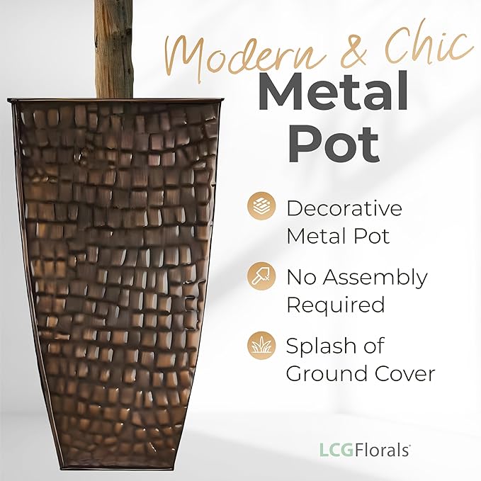 LCG Florals 8ft Artificial Ficus Tree in Copper Metal Pot - Real Wood Trunk, Preassembled, No Maintenance Indoor Faux Plant - Living Room, Home & Office Decor