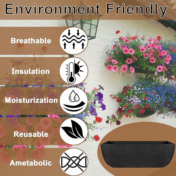 2-Pack 30in Planter Liners - Breathable Felt Hanging Basket and Window Box Liners - Prevent Root Suffocation and Bird Damage - Black