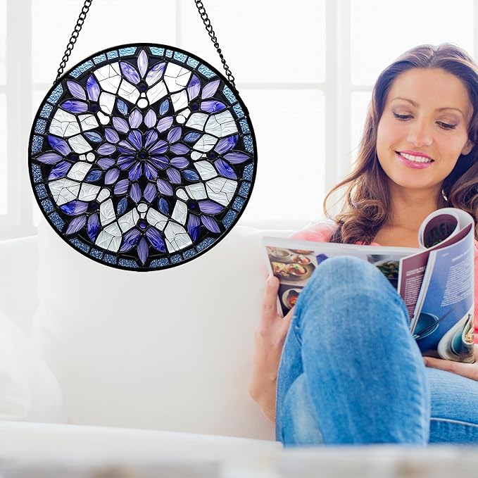 AMDERVEN Stained Glass Window Hanging, Purple Blue Tiffany Style Flowers Sun Catcher for Window Door Home Decor Suncatcher Christmas Mother's Day Birthday Gifts for Women Men Mom Nana 6.3 in