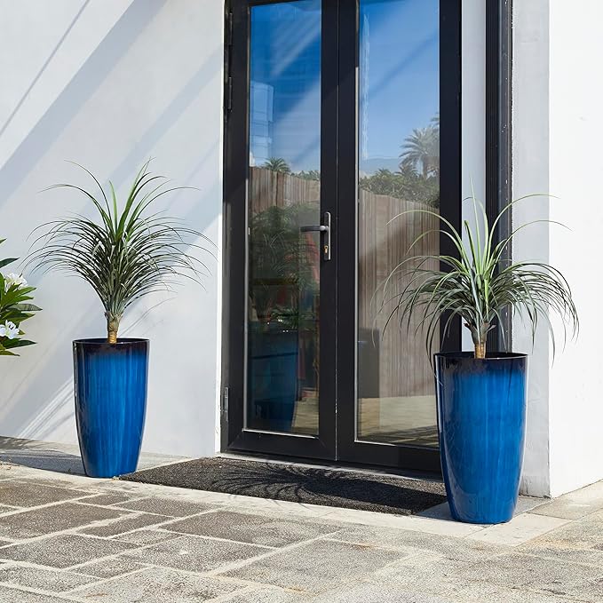 Glitzhome 23.5" H Oversized Tall Round Tapered Planter, Set of 2 Large Gradient Cobalt Blue Faux Ceramic Tall Planters Pots, Plastic Flower Pots with Drainage Holes for Front Porch Patio Garden Deck