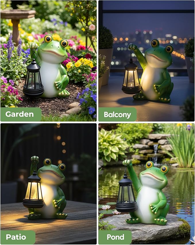 Solar Frog Garden Statue Light, Outdoor Waterproof Decorative Lantern Figurine, Cute Yard Art for Garden Patio Pond Balcony Porch Decor, Housewarming & Gardening Gifts for Women Grandma Mom