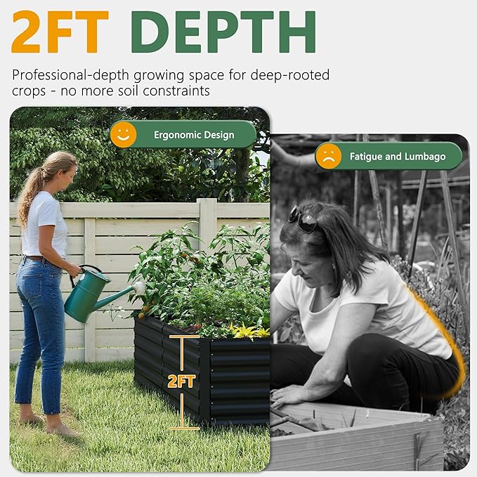 FOOWIN 4pcs 8x4x2ft Galvanized Raised Garden Bed, Planter Raised Garden Boxes Outdoor, Large Metal Raised Beds for Gardening, Garden Bed for Vegetables, Flowers, Herb,478 Gallon Capacity, Black
