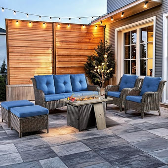 HUMMUH 6 Pieces Patio Furniture Set with Fire Pit Table High Back Outdoor Conversation Set Wicker Patio Couch Outdoor Chairs Ottomans for Balcony Garden,Lawn,Deck