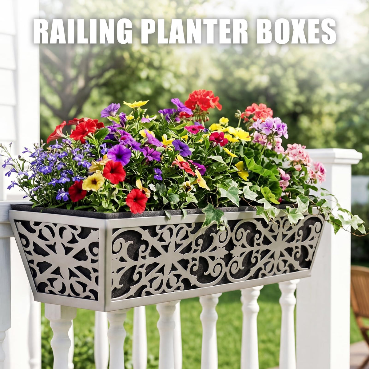 2 Pack 24 Inch Window Boxes Planter for Outdoor Plants Deck Railing Planters Box with Adjustable Brackets for Porch Fence Balcony Hanging Flower Baskets with Non-Woven Fabric Liner for Garden Decor
