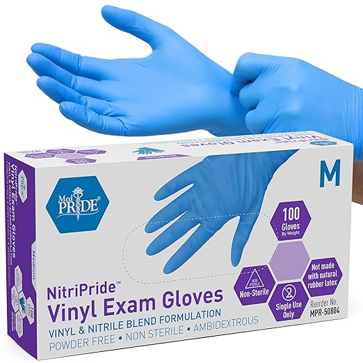 MED PRIDE Nitrile/Vinyl Blend Exam Gloves, Powder-Free, Latex-Free, Disposable, Non-Sterile, Blue, Medium (Box of 100)