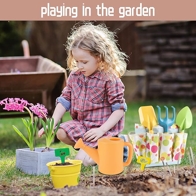 GIFTRRTOY Kids Gardening Set, Kids Gardening Tools with Watering Can, Shovel, Rake, Gloves, Waterproof Apron and Storage Bag, Children Garden Tool for Boys Girls Age 3 4 5 6 7 8