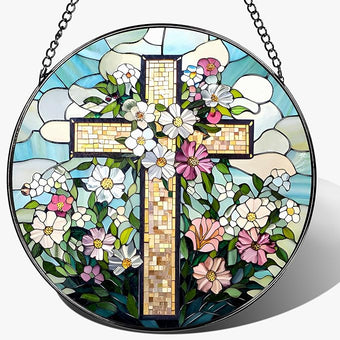 8'' Christian Stained Glass Suncatcher Ornament, Cross Window Hanging, Window Decor, Jesus Home Decor, Gifts for Christmas, Easter Faith Cross Gifts, Religious Gift, Christian Gift