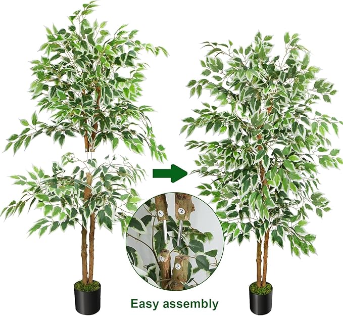 GTIDEA 2 Pcs 5ft Ficus Artificial Trees, Tall Faux Trees Indoor with Natural Trunk and Fake Silk Tree Fake Plants for Home Fall Decor Living Room Outdoor Balcony House Office (Included Dried Moss)