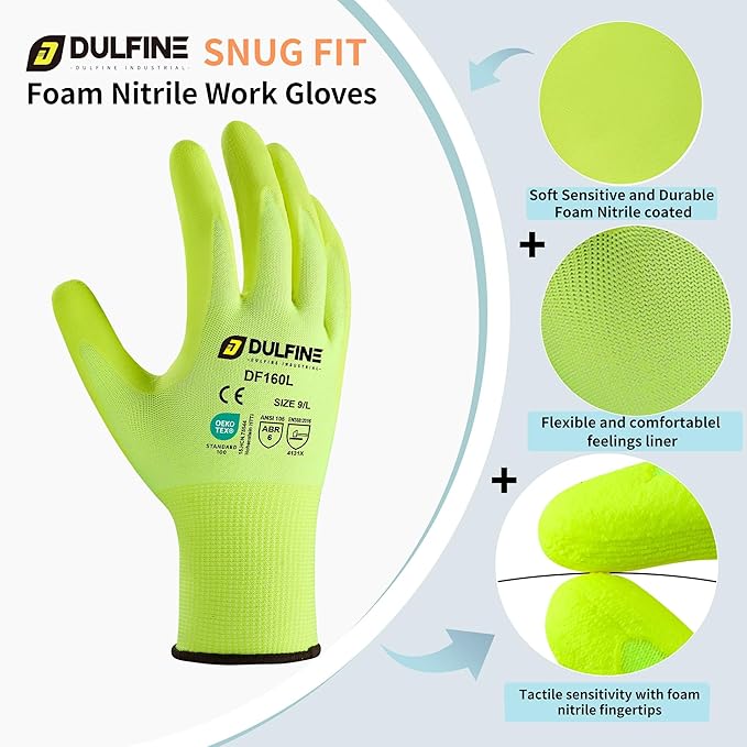 DULFINE Work Gloves for Men and Women,Hi-Vis Yellow Knit Nylon Glove with MicroFoam Nitrile Coated-12 Pairs Pack,Ideal for General Purpose,Automotive,Home Improvement,Painting(Small)