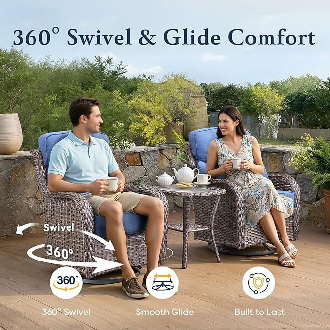 Belord Luxury 6" Thick Cushioned Outdoor Swivel Rocker Patio Chairs of 2, High Back Wicker Patio Furniture Set with Ergonomic Zone Back, Conversation Glider Set for Deck Porch - Brown+Blue