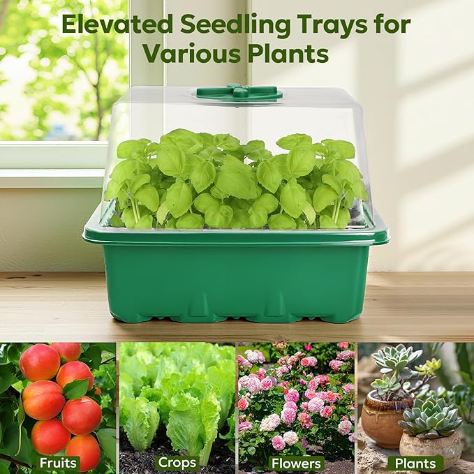 MIXC Seed Starter Kit with Grow Light, Elevated Seedling Tray Kit with Adjustable Humidity Dome and Clear Cell Tray, 12 Full Spectrum Led Beads for Seed Starting Greenhouse, 6 Pack, Green