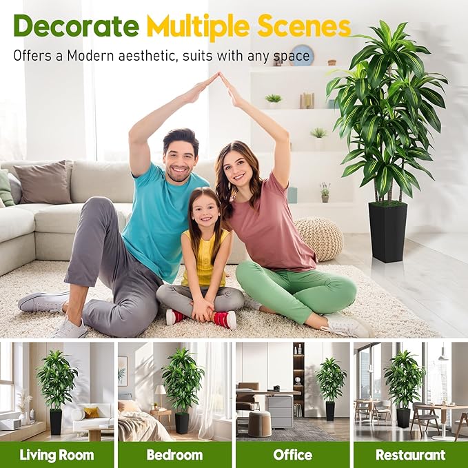 Artificial Dracaena Tree Indoor, 6FT Tall Fake Tree with Black Tall Planter, Artificial Trees Fake Yucca Potted Tree for Home Office Living Room Decor, Tall Artificial Plant for Housewarming