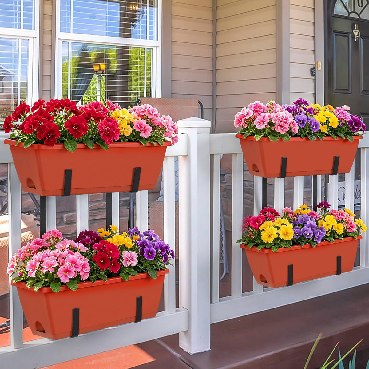 Railing Planter Box Set of 2, 4 Pack Brick Red Window Boxes Planters