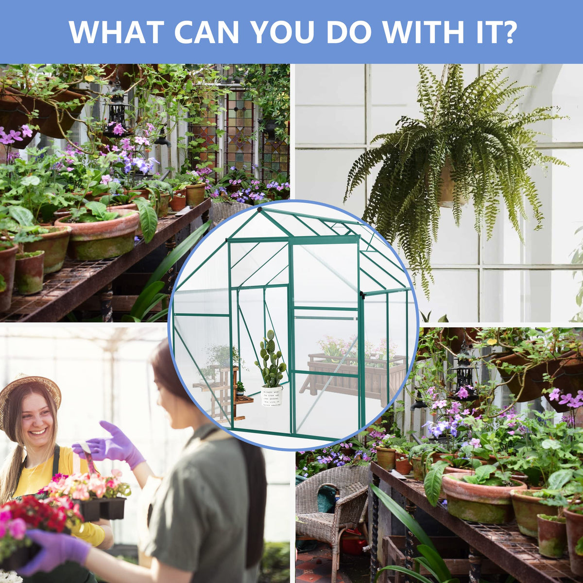 6x8 FT Green Outdoor Walk-in Polycarbonate Greenhouse Adjustable Roof Vent Sliding Door Aluminum Frame Galvanized Base for Backyard Gardening Plants Vegetables Flowers UV Protection Greenhouse