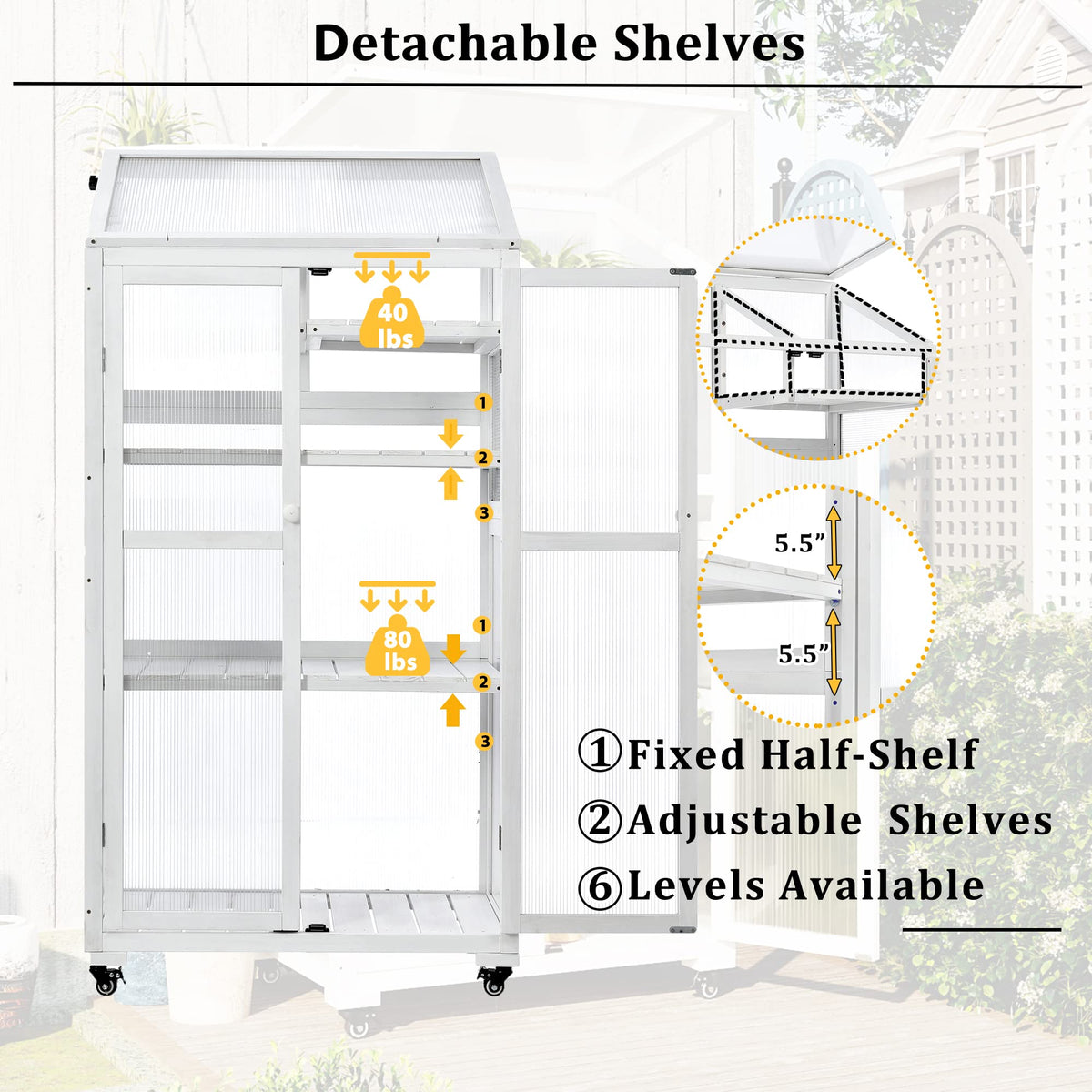Harper & Bright Designs 62 inch Height Wood Large Greenhouse Balcony Portable Cold Frame with Wheels and Adjustable Shelves for Outdoor Indoor Use, White