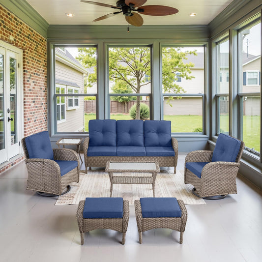 Belord Wicker Outdoor Furniture Set - 7 Piece Patio Conversation Sets with Comfort Swivel Rocker Glider Chairs Set of 2 & Rattan Sofa, Tempered Glass Coffee Table & Side Table Gray/Blue