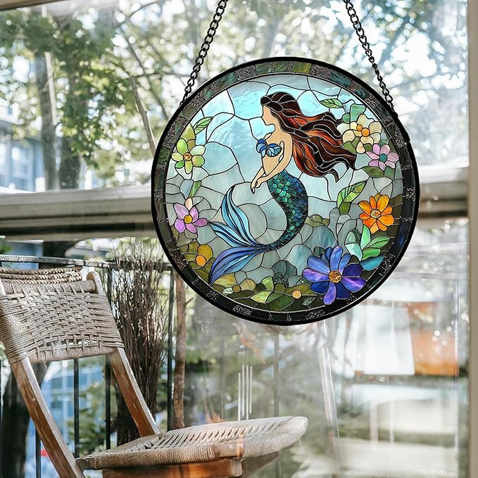 JOSUMALY Stained Glass Window Hanging - Light Blue Mermaid Suncatcher for Door Terrace Garden Home Decor, Ocean Flowers Sun Catcher Birthday Gifts for Lovers Women Men Dad Mom Nana 9.8 in