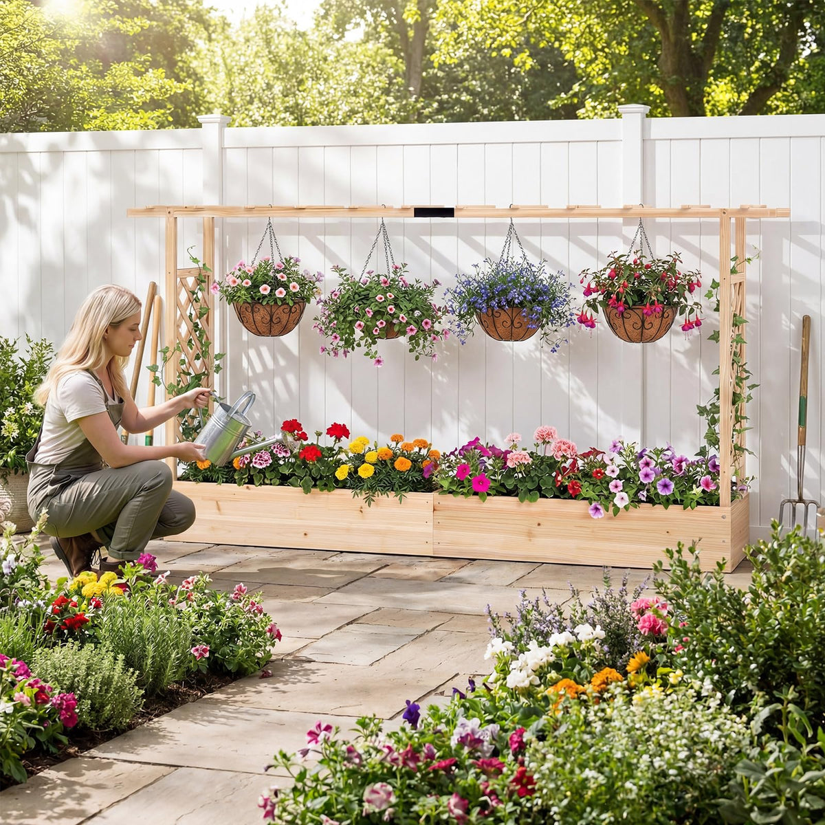 HAPPYGRILL 2 45" Raised Garden Bed with Trellis & Hanging Roof