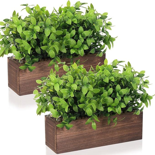 Lyrow 2 Pack Artificial Eucalyptus Plant in Rectangular Rustic Wooden Planter Box Faux Potted Herb Plant Table Centerpiece for Kitchen Windowsill Shelf Decor (Brown,11.4 '')