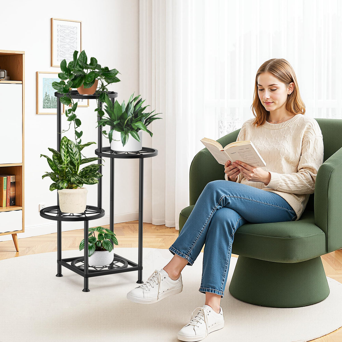 YOCOMEY 4 Tier Plant Stand Indoor Outdoor, Metal Shelf Holder Corner Black