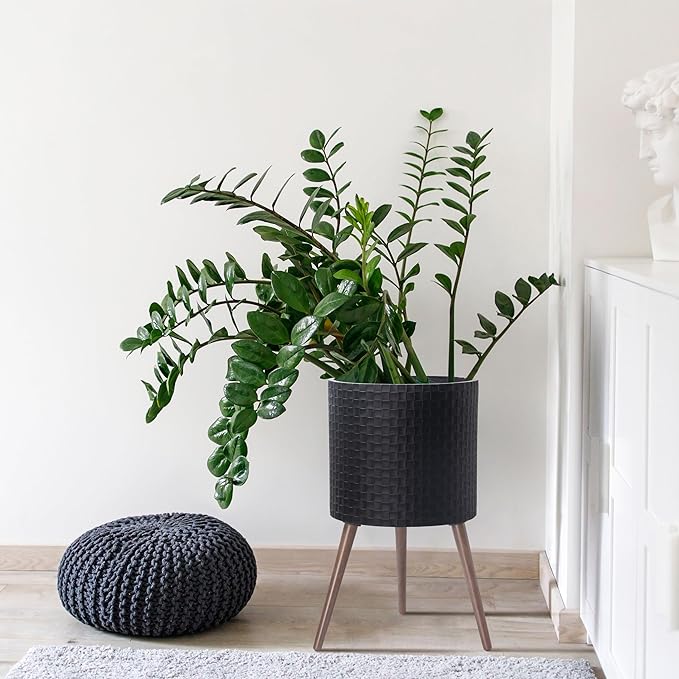 D'vine Dev 16 Inch Modern Geometric Tile Patterned Sleek Planter Pot with Stand, Indoor Outdoor Decorative Plant Holder, Matte Black, 88-Z-E-2