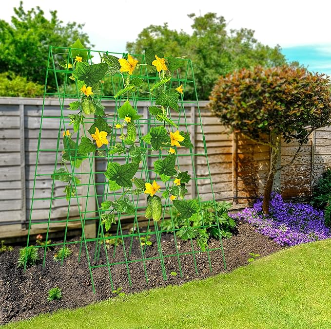 DoCred Cucumber Trellis, 59" High 2 Pack Foldable A Frame Trellis for Raised Bed Climbing Plants, Vegetables, Includes Plant Support Clips, Twist Ties, Plastic Ties- Made from PVC-Coated Steel
