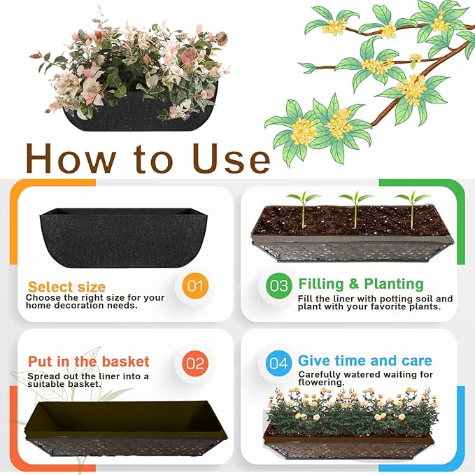 2-Pack 36in Planter Liners - Breathable Felt Hanging Basket and Window Box Liners - Prevent Root Suffocation and Bird Damage - Black