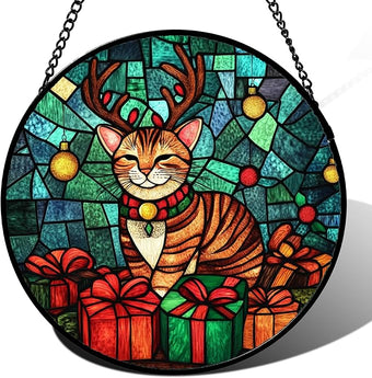 Stained Glass Window Hanging Cat with Elk Antlers Large 11.8" - Suncatcher Door Garden Sun Catcher Home Decor Birthday Christmas for Lost Pets Mom Men Woman Nana