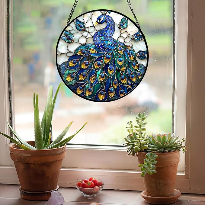AMDERVEN Stained Glass Window Hanging - Peacock Blue Gold Feathers Sun Catcher for Door Garden Home Decor Bird Suncatcher Christmas Mother's Day Birthday Gifts for Women Men Mom Nana 6.3 in